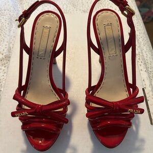 Prada Red Patent Leather Knot-Front Slingback Heels
